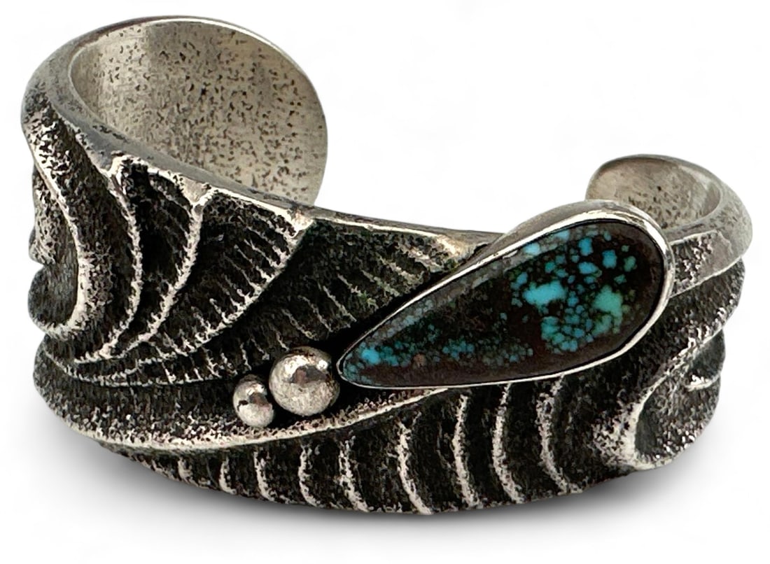Preston Monongye (Mission-Adopted Hopi, 1927-1987) Sand Cast Sterling Silver Turquoise Cuff Bracelet (1 of 11)
