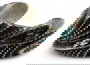Preston Monongye (Mission-Adopted Hopi, 1927-1987) Sand Cast Sterling Silver Turquoise Cuff Bracelet