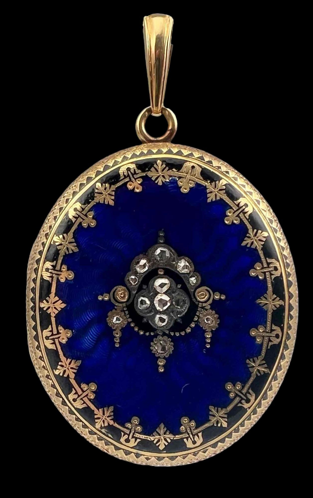Antique 14K Diamond & Enamel Locket: Antique 14K Diamond Guilloche Locket, 9.8g. Tests as 14K. Approximately 1.5L x 1.125Win (not including bale).