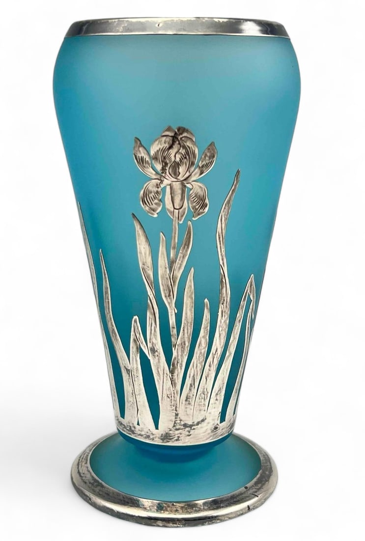 Rockwell Blue Art Glass Vase With Silver Overlay And Iris Motif (1 of 10)