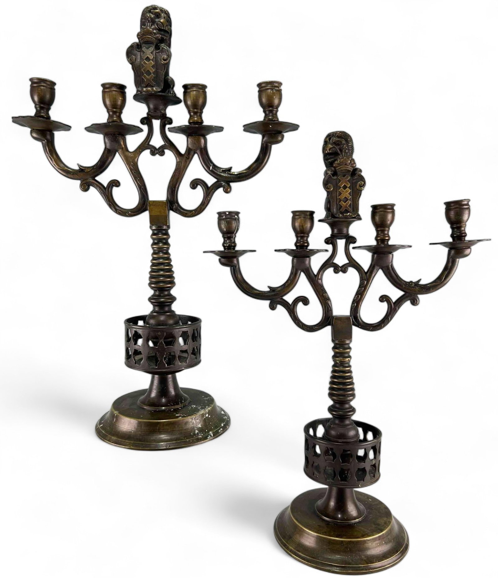 Pair Of Bronze Candelabra With Amsterdam Coat Of Arms: Pair Of Bronze Candelabra With Amsterdam Coat Of Arms. Each Approximately 21.5H x 14.5W x 7.25D in.