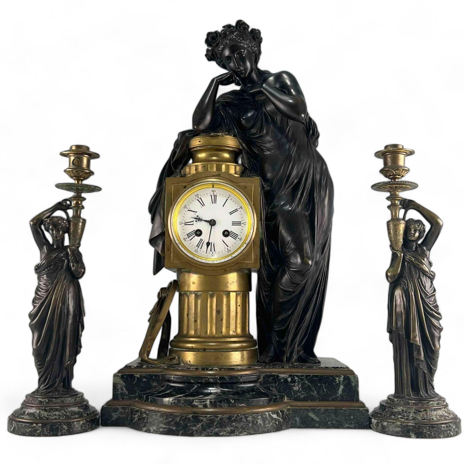 Charpentier Gilt Bronze & Marble Figural Mantel Clock With Candlesticks (1 of 20)