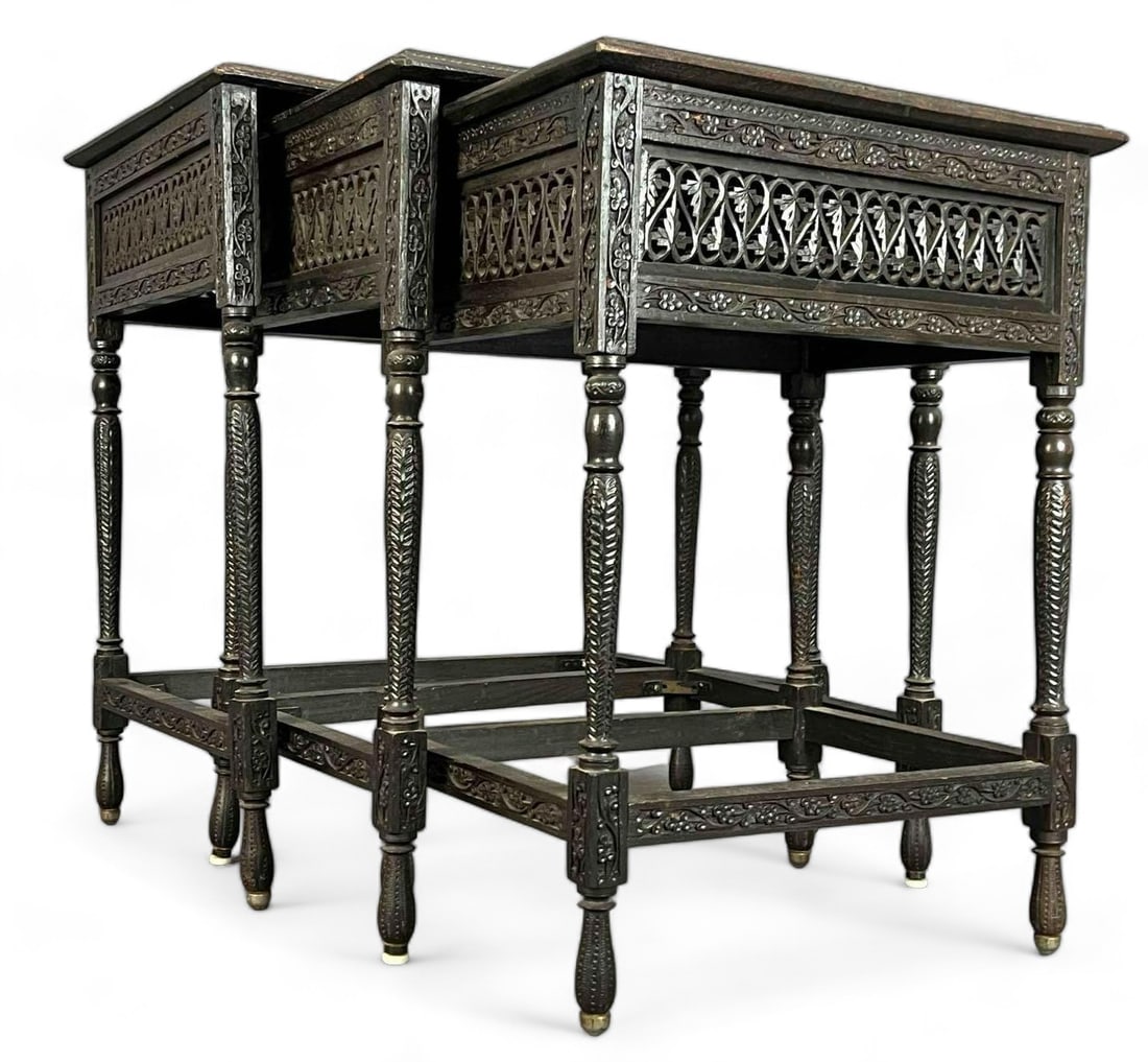 Set Of Three Anglo Indian Wooden Nesting Tables With Bone Inlay: Set Of Three Anglo Indian Wooden Nesting Tables With Bone Inlay. Largest 24.75H x 24.0W x 15.75D in. Smallest 22.75H x 17.25W x 13.0D in. All Measurements are Approximate.