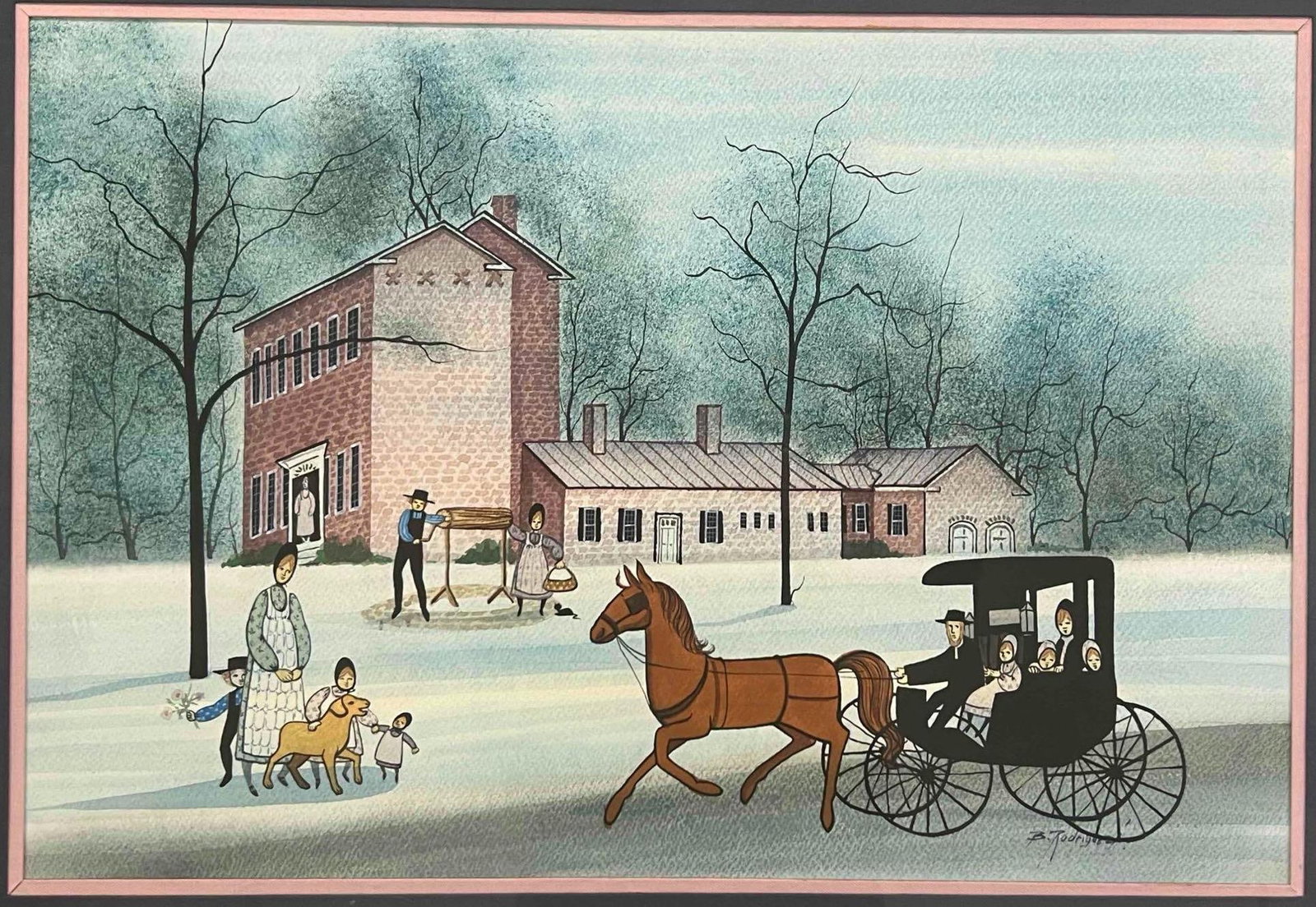 B. Rodriguez, Amish Folk Art Painting, Watercolor On Paper: B. Rodriguez, Amish Folk Art Painting, Watercolor On Paper. Signed “B. Rodriguez”. Framed 28.0W x 21.0H x 1.5D in. Sight 21.75W x 14.75H in. All Measurements are Approximate.