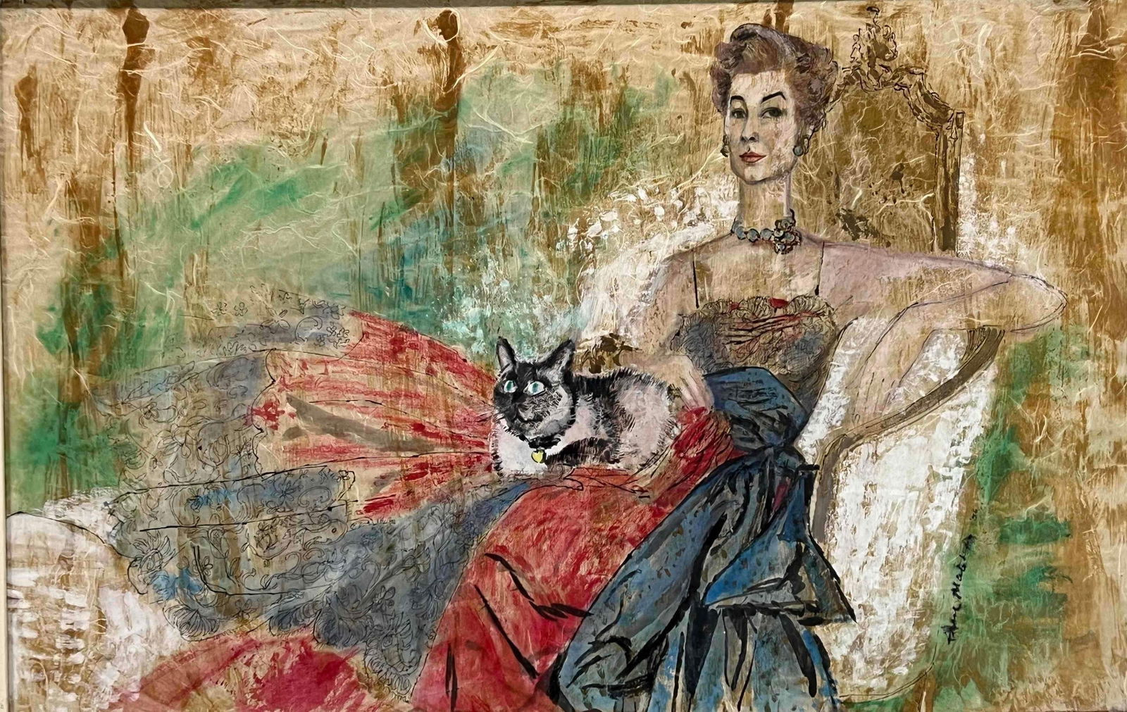 Portrait Of Woman With Siamese Cat, Ink & Watercolor On Board, Dated 1956 (1 of 12)