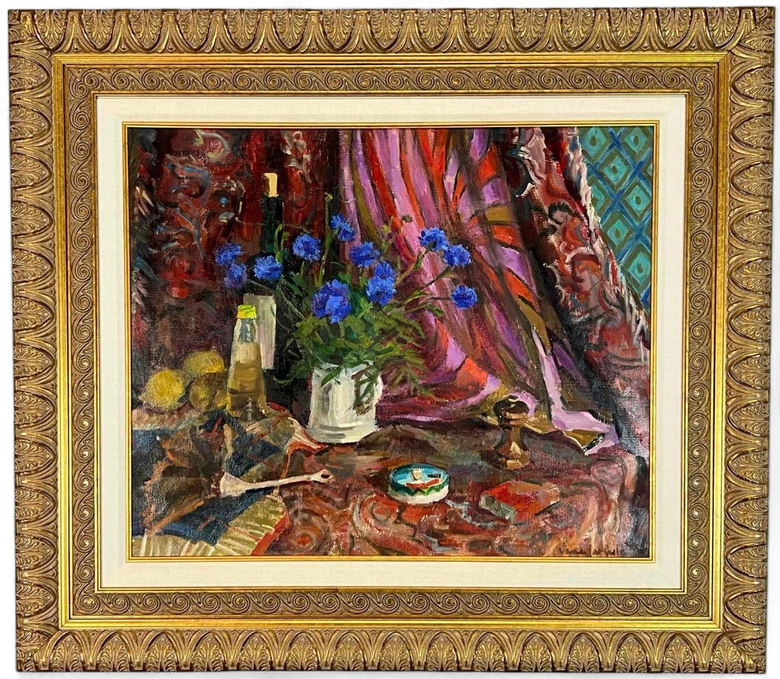 Jane White Cooke (American, 1913-2011) Still Life With Bachelor Buttons, Oil On Board (1 of 9)