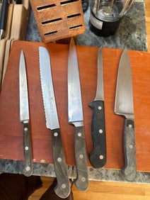 Five Wustoff & Henckels Knives With Block.