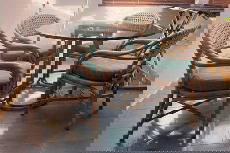 Mcguire Rattan & Rawhide Round Dining Table & Four Chairs