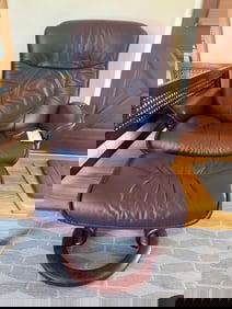 Brown Leather Ekornes Chair With Ottoman