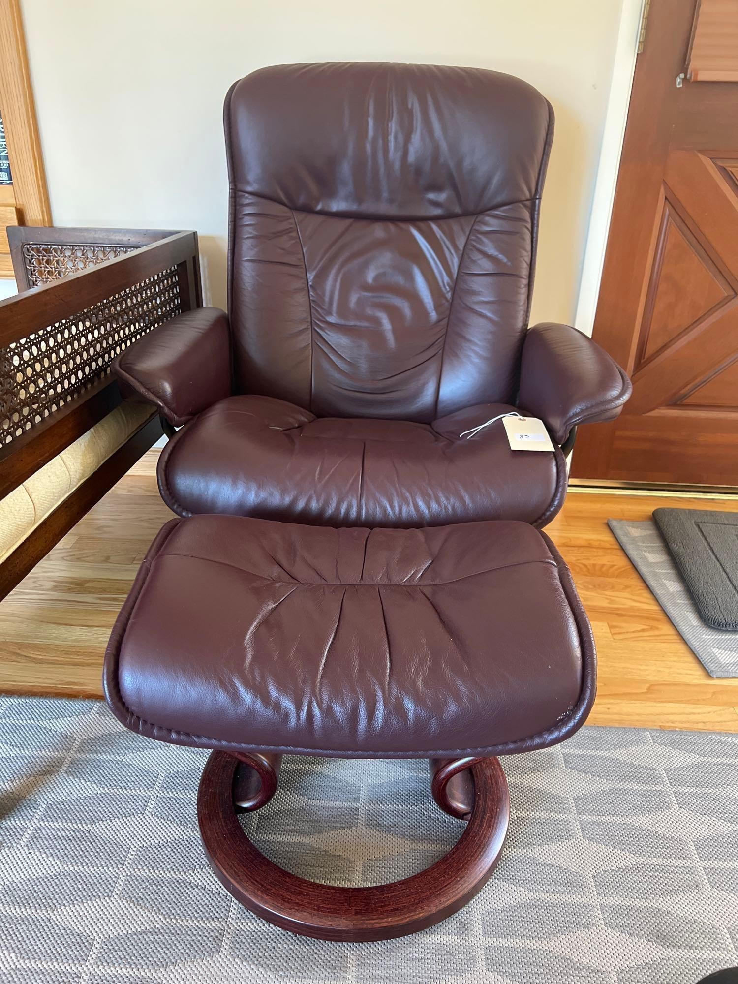 Brown Leather Ekornes Chair With Ottoman: Brown Leather Ekornes Chair With Ottoman Pick-Up will be Thursday Aug 8th & Saturday Aug 10th from 11:00-4:00. Shipped items must have shipping arranged by Saturday, Aug 10th. Items not picked up or w