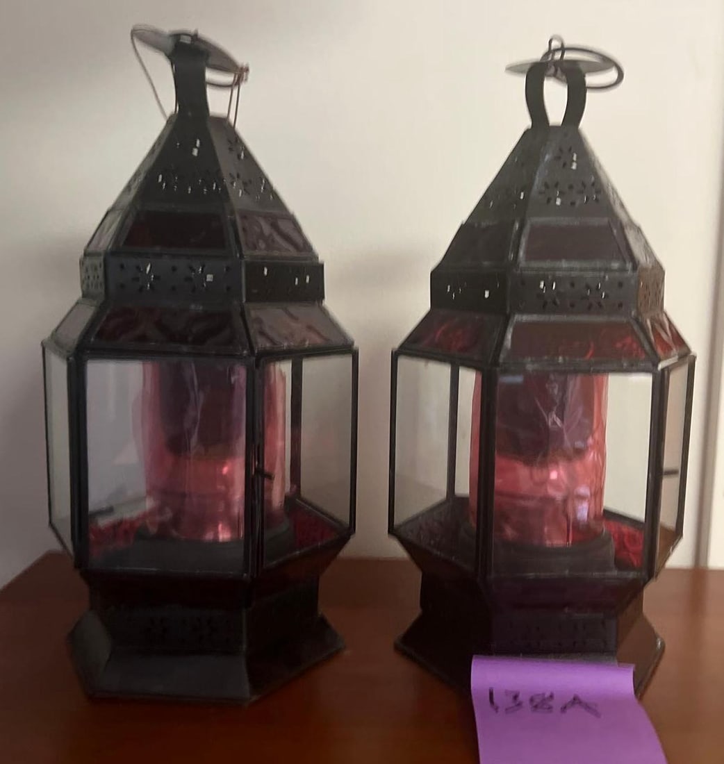 Pair Of Metal Lanterns: Pair Of Metal Lanterns Pick-Up will be Thursday Aug 8th & Saturday Aug 10th from 11:00-4:00. Shipped items must have shipping arranged by Saturday, Aug 10th. Items not picked up or without shipping by