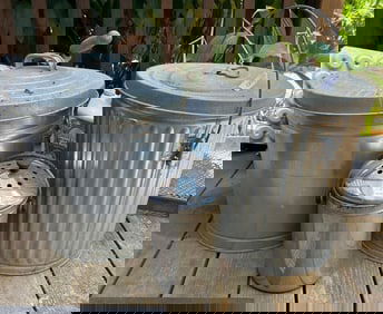 Two Galvanized, Trash, Cans, And Chrome Can With Scoop