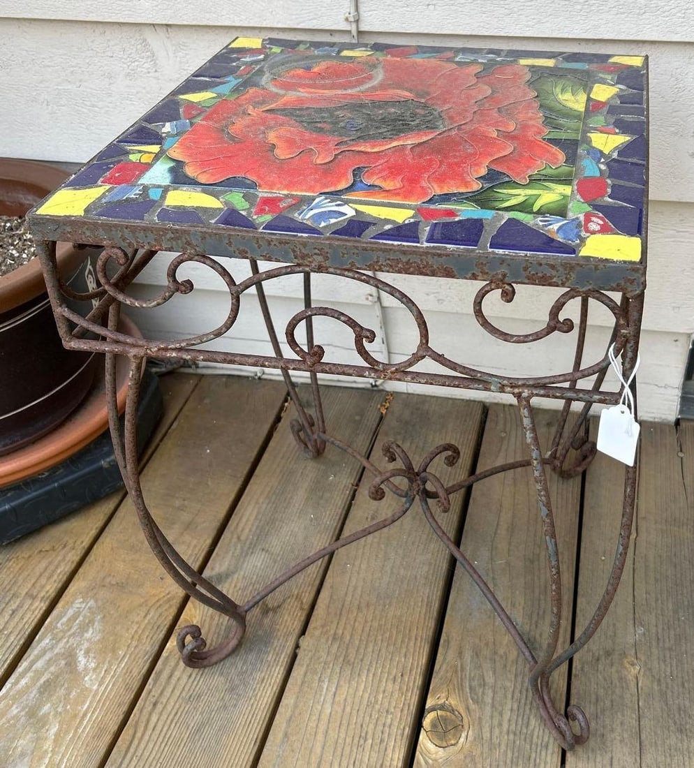 Mosaic Top Wrought Iron Side Table Or Plant Stand (1 of 3)