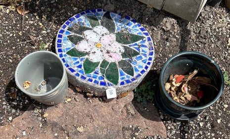 Two Ceramic Garden Pots With Tile Stepping Stone