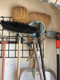 Group Of Brooms, Dustpan, And Gardening Items