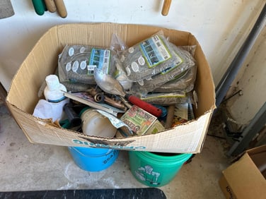 Box Of Root Guards And Other Gardening Items In Addition To Two Pails