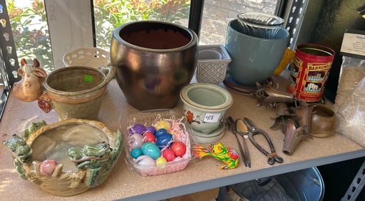 Shelf With Pottery, Stone Eggs, Marbles, And More