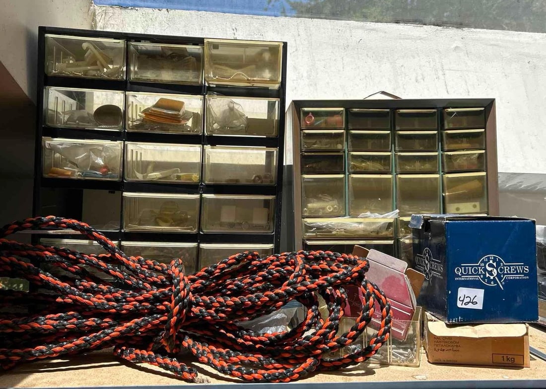 Shelf Of Nuts, Bolts, Rope And Boxes: Shelf of nuts, bolts, rope and boxes Pick-Up will be Thursday Aug 8th & Saturday Aug 10th from 11:00-4:00. Shipped items must have shipping arranged by Saturday, Aug 10th. Items not picked up or witho