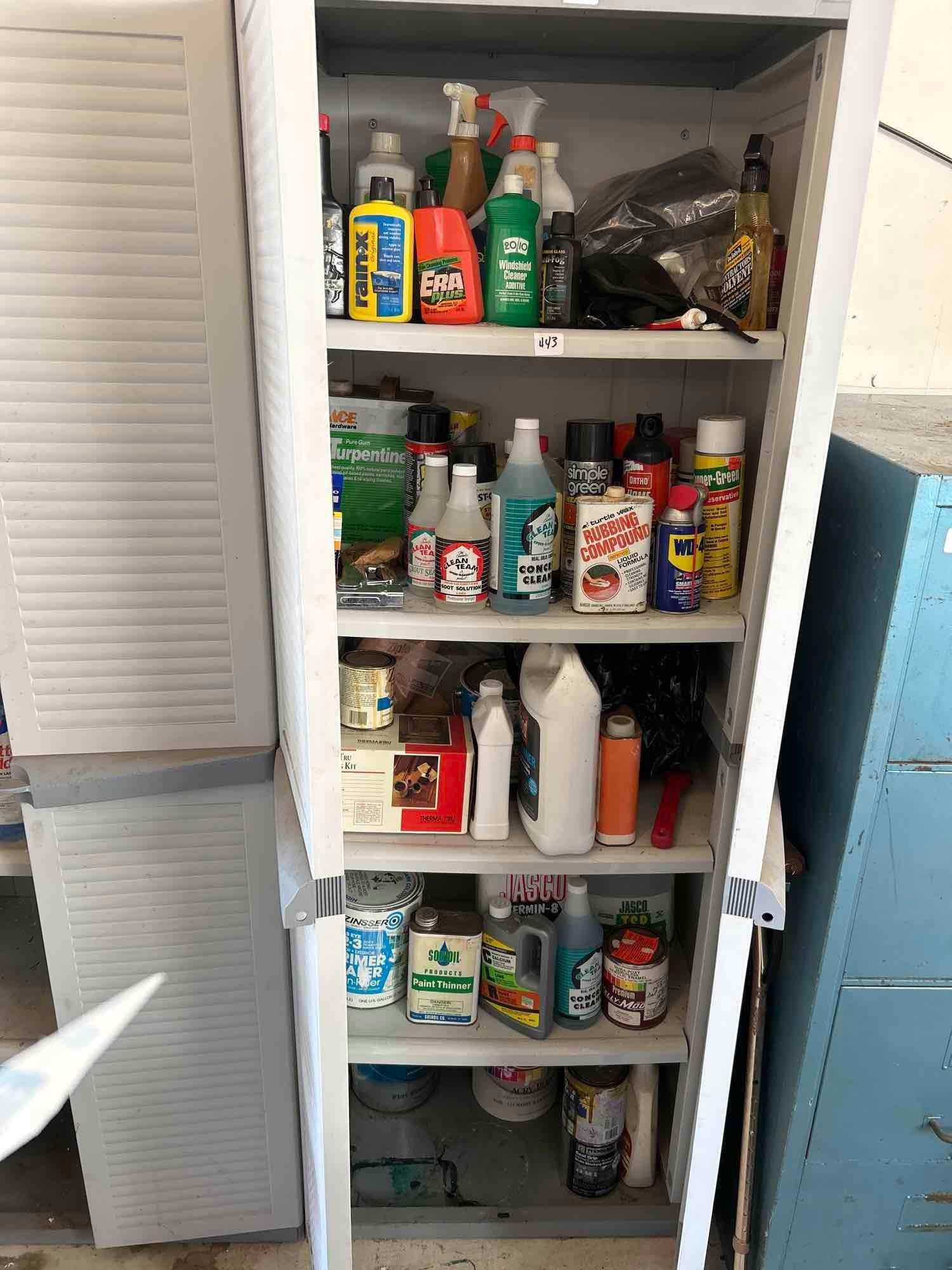 Entire Contents Of Cabinet, Paint, Thinners, Concrete, Cleaners, Car, Cleaners, Etc.: Entire contents of cabinet, paint, thinners, concrete, cleaners, car, cleaners, etc. Pick-Up will be Thursday Aug 8th & Saturday Aug 10th from 11:00-4:00. Shipped items must have shipping arranged by