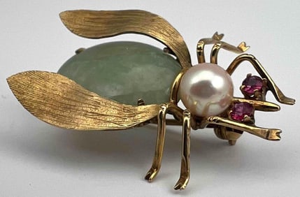 14K Jade Pearl & Ruby Insect Brooch