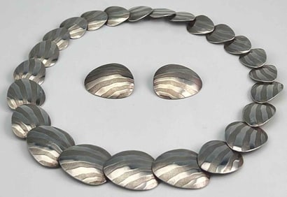 Sterling Silver Modernist Necklace & Earrings Set, Signed J. Wright