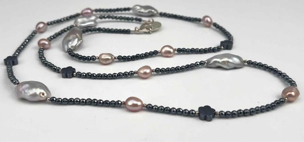 Sterling Silver, Baroque Freshwater Pearl & Hematite Necklace