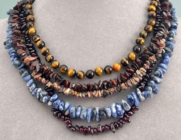 Five Semiprecious Stone Beaded Necklaces, Including Garnet & Tiger'S Eye