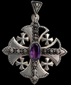 Silver Amethyst Jerusalem Cross Pendant