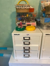 Bisley White Flat File Cabinet With Sewing & Crafts Materials, Including Buttons