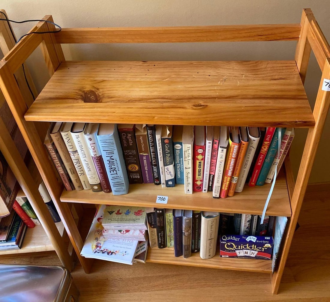 Wooden Book Shelf: Wooden book shelf, books on shelf not included Pick-Up will be Thursday Aug 8th & Saturday Aug 10th from 11:00-4:00. Shipped items must have shipping arranged by Saturday, Aug 10th. Items not picked u