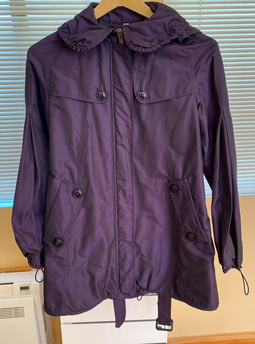 Purple Burberry Jacket, Like New Condition: Purple Burberry Jacket, Like New Condition, Size 8. No obvious signs of wear. SHIPPING AVAILABLE FOR THIS LOT THROUGH LISTED SHIPPERS Pick-Up will be Thursday Aug 8th & Saturday Aug 10th from 11:00-4: