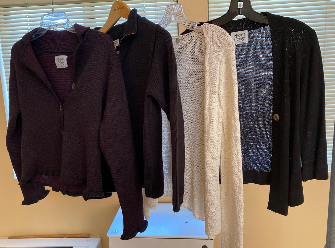 Four Margaret O'Leary San Francisco Lightweight Sweaters, Approximate Size Small: Four Margaret O'Leary San Francisco Lightweight Sweaters, approximate size small SHIPPING AVAILABLE FOR THIS LOT THROUGH LISTED SHIPPERS Pick-Up will be Thursday Aug 8th & Saturday Aug 10th from 11:00