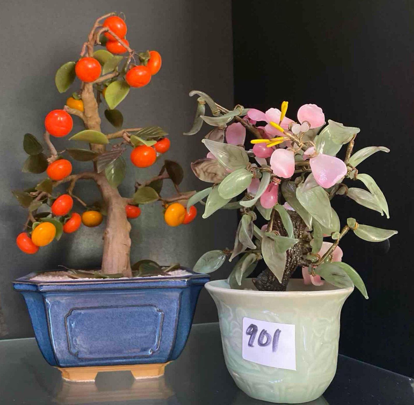 Two Glass "Jade" Trees: Two Glass "Jade" Trees Pick-Up will be Thursday Aug 8th & Saturday Aug 10th from 11:00-4:00. Shipped items must have shipping arranged by Saturday, Aug 10th. Items not picked up or without shipping by