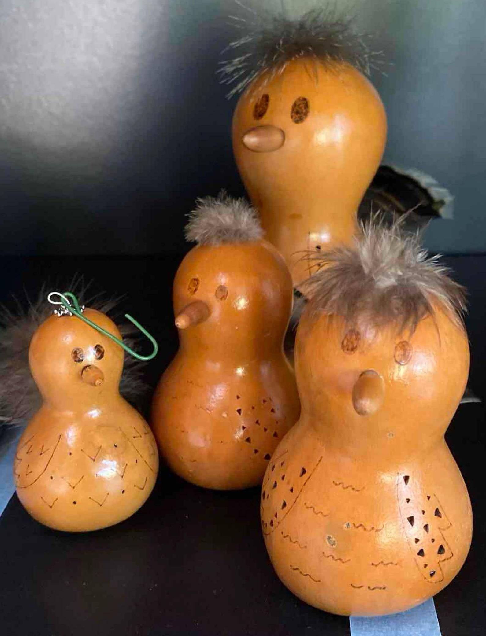 Gourd & Feather Birds, Signed "Kay Miyamoto": Gourd & Feather Birds, Signed "Kay Miyamoto" Pick-Up will be Thursday Aug 8th & Saturday Aug 10th from 11:00-4:00. Shipped items must have shipping arranged by Saturday, Aug 10th. Items not picked up 
