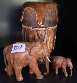 Carved Wooden Elephants & Hide Top Drum