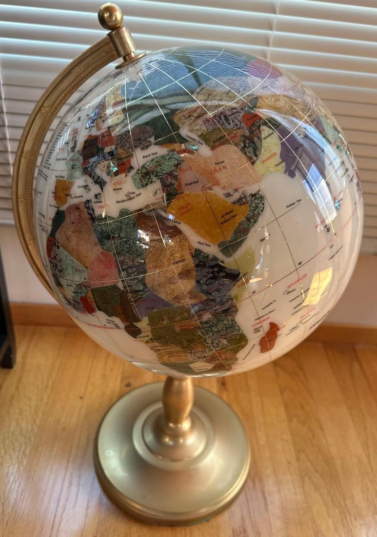 Semiprecious Stone Inlay Globe On Brass Stand (1 of 5)