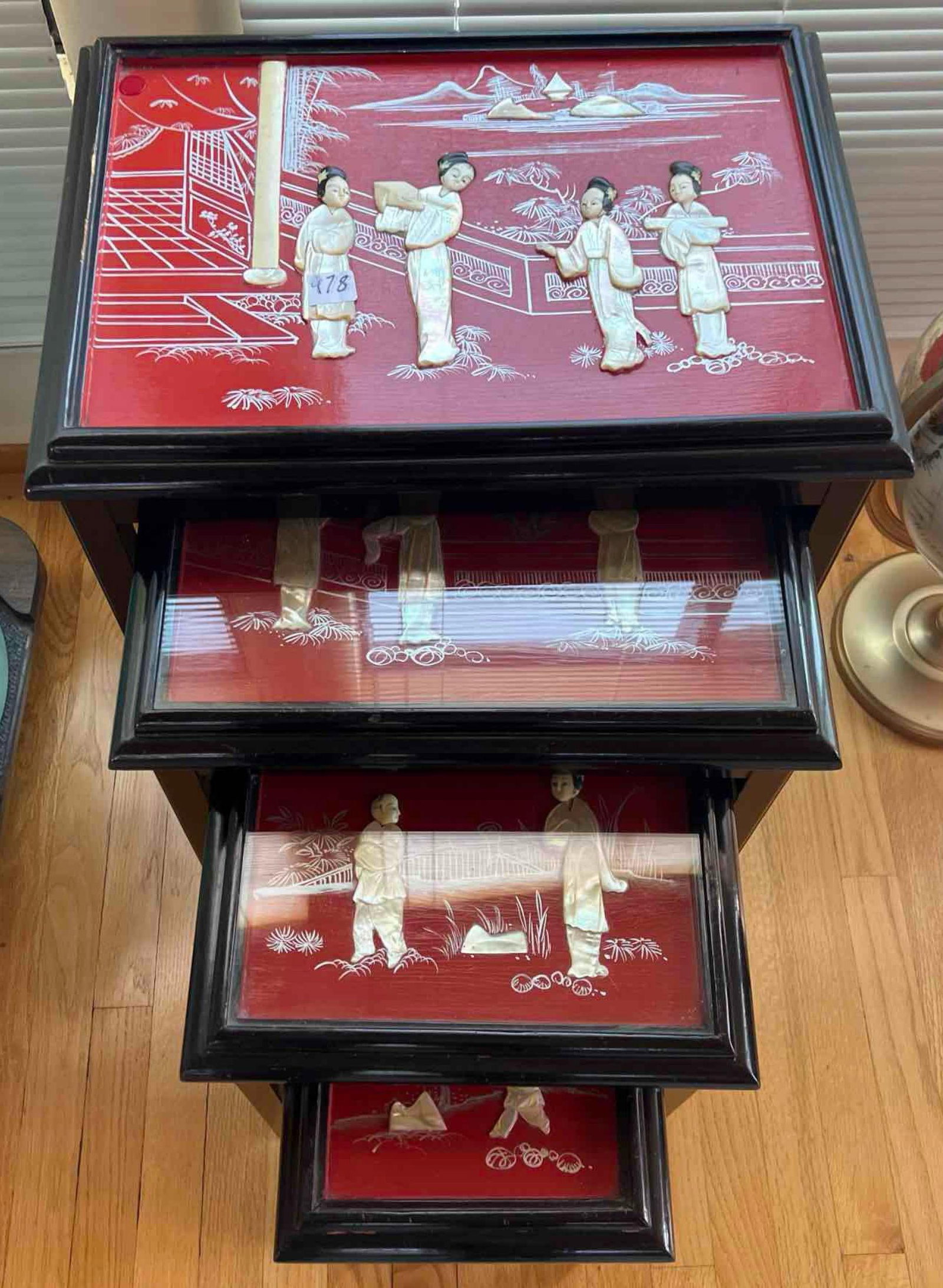 Set Of Four Lacquered Mother Of Pearl Nesting Tables: Set Of Four Lacquered Mother Of Pearl Nesting Tables Pick-Up will be Thursday Aug 8th & Saturday Aug 10th from 11:00-4:00. Shipped items must have shipping arranged by Saturday, Aug 10th. Items not pi