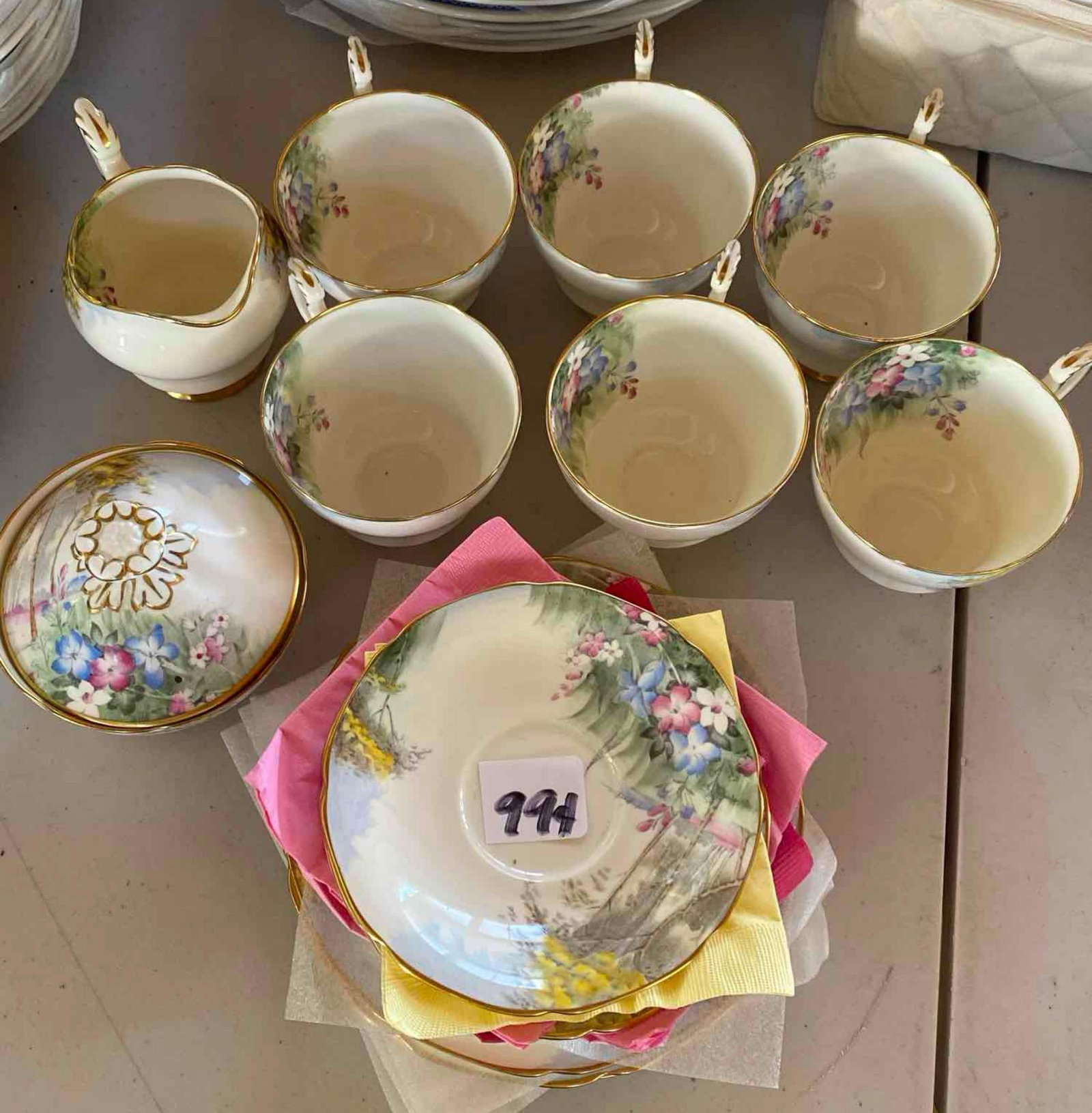 Paragon Woodland Bluebell Teacups, Saucers, Cream & Sugar: Paragon Woodland Bluebell Teacups, Saucers, Cream & Sugar. Pick-Up will be Thursday Aug 8th & Saturday Aug 10th from 11:00-4:00. Shipped items must have shipping arranged by Saturday, Aug 10th. Items 