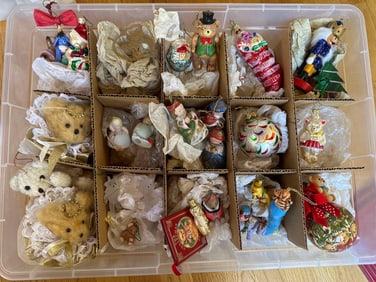 Box Of Christmas Ornaments, Many With Bear Designs