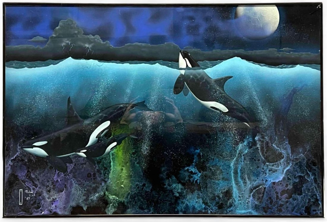 Micheal David Ward, Orcas, Mixed Media, Reverse Painted Glass: Micheal Ward, Orcas, Mixed Media, Reverse Painted Glass. Signed "Michael Ward '87." Approximately 33.25 x 24.25 x 0.75 in.