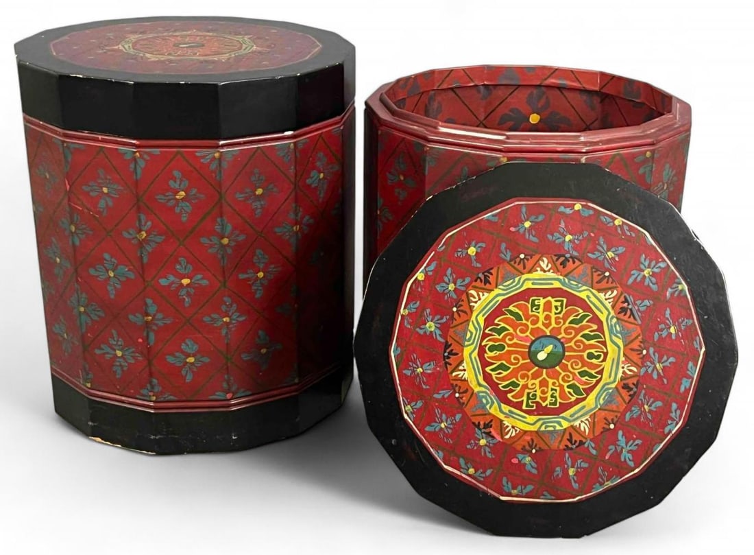 Pair Of Wooden Drum Tables: Pair Of Wooden Drum Tables. Each approximately 20.0H x 17.5W in.