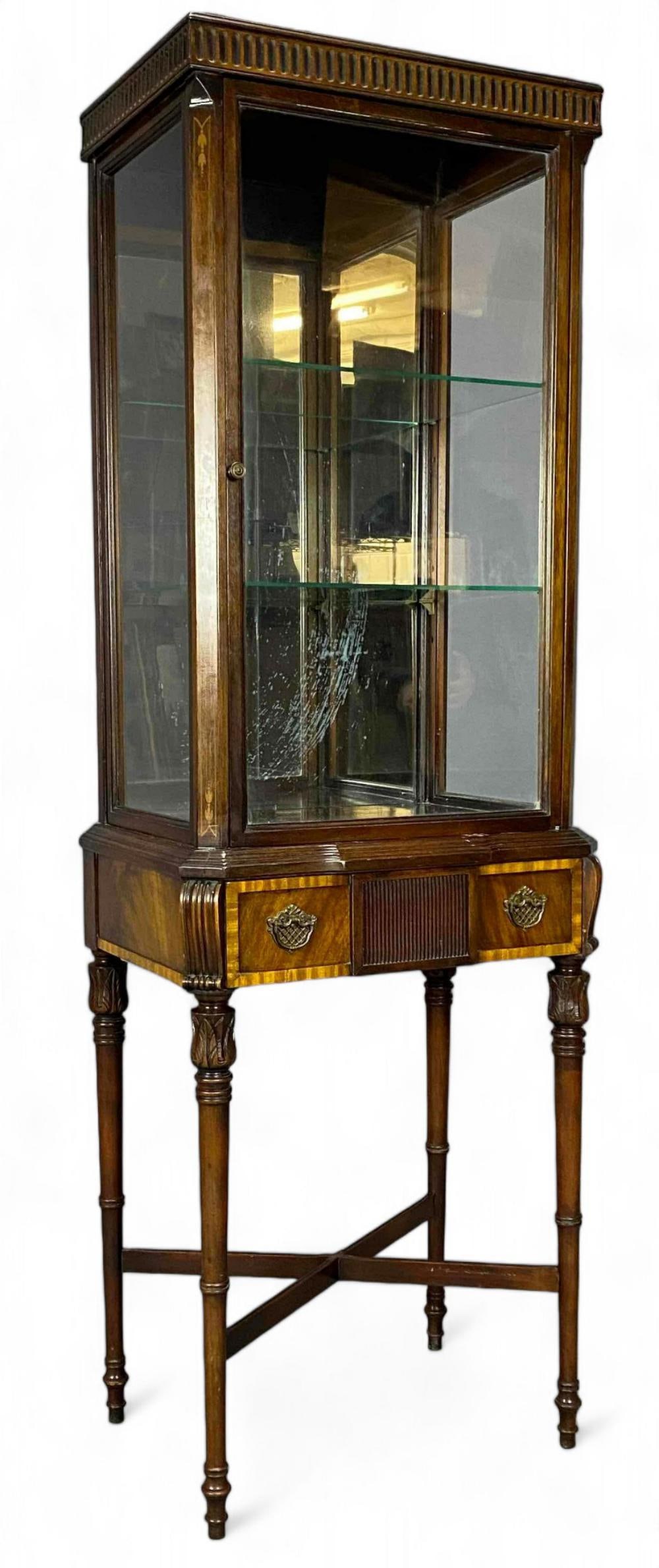 Inlaid Mahogany Display Cabinet: Two Shelf Display Cabinet. 60.0H x 20.0W x 14.0D in. All Measurements are Approximate.