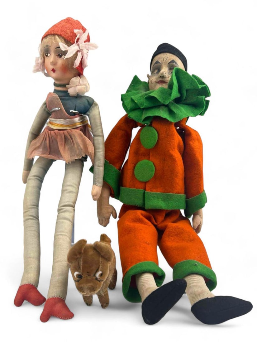Two Unusual 1920's Boudoir Dolls, Clown & Girl With Dog: Two Unusual 1920's Boudoir Dolls, Clown & Girl With Dog. Clown approximately 17.0H x 4.5W x 2.0D in. Girl approximately 16.0H x 4.0W x 2.375D in.