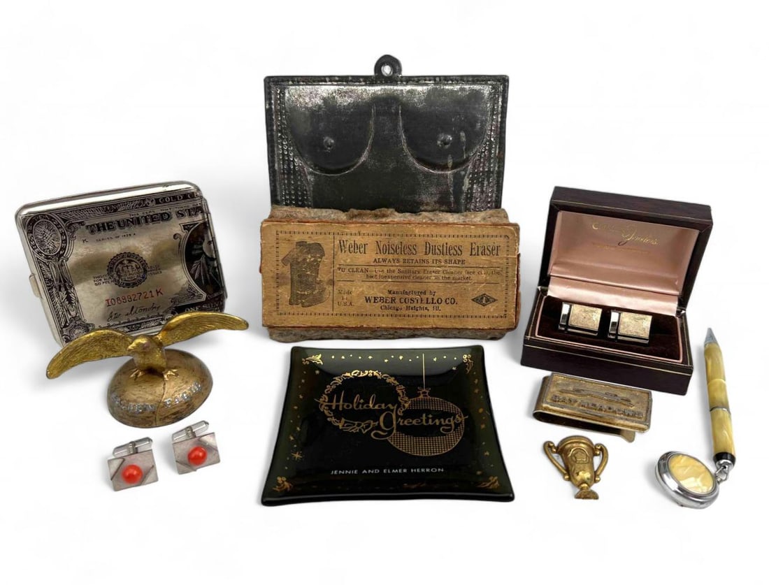 Men's Jewelry & Collectibles: Men's Jewelry & Collectibles. Includes silver cuff links, Bay Meadows money clip, cigarette case, and more. Cuff links 11.5g, marked "Silver 850," approximately 0.625L x 0.5W in. Largest piece approxi