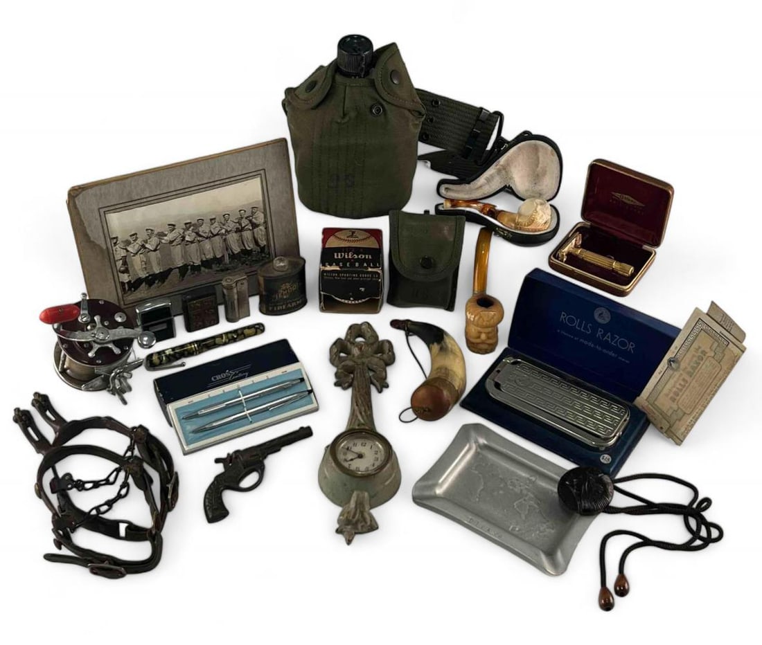 Lot Of Vintage Antique Collectibles, Including 19th Century Cast Iron Cap Gun: Lot Of Vintage & Antique Collectibles. Includes 19th Century Cast Iron Cap Gun, Spurs, California League Signed Baseball, Meerschaum Pipes, Hunting & Fishing Collectibles, Clock, Lighters, Military Ca