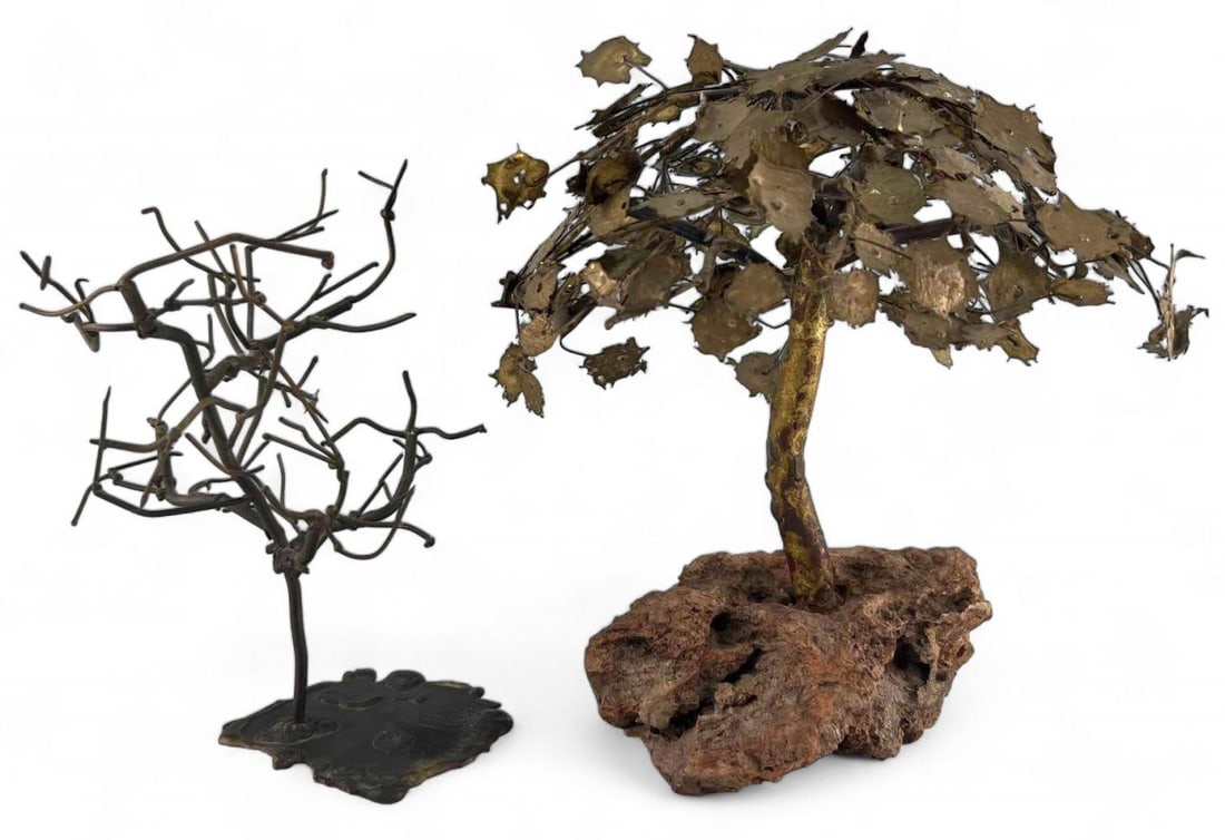 Two Albert Guibara (American, B. 1944) Brutalist Bronze & Mixed Metal Tree Sculptures: Two Albert Guibara (American, B. 1944) Brutalist Bronze & Mixed Metal Tree Sculptures. Signed Guibara. Larger approximately 10.75H x 9.75W x 8.5D in. Smaller approximately 9.125H x 8.25W x 7.25D in.