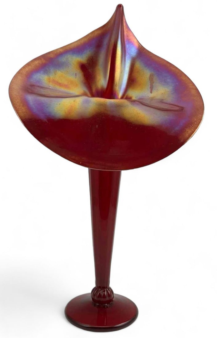 Iridescent Art Glass Jack In The Pulpit Vase: Iridescent Art Glass Jack In The Pulpit Vase. Signed Illegibly. Approximately 14.125H x 8.0W x 3.625D in.