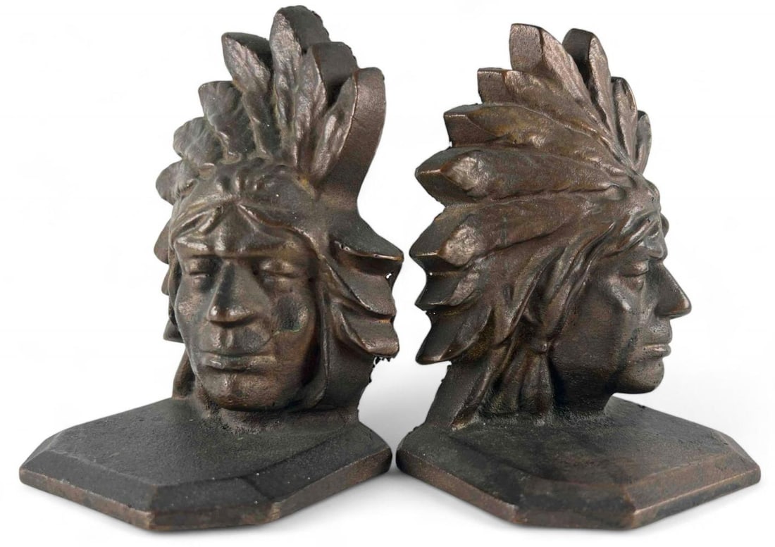 Pair Of Bronze Native American Chief Bookends: Pair Of Bronze Native American Chief Bookends. Each approximately 6.25H x 4.625W x 3.0D in.