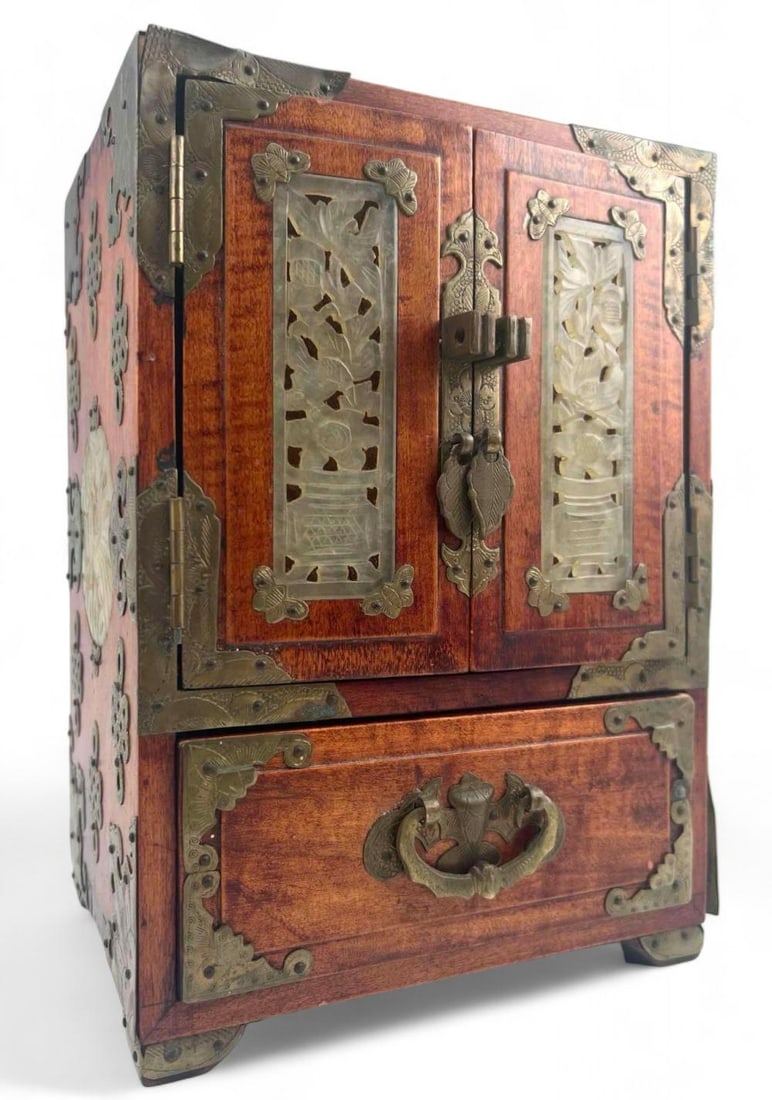 Chinese Jewelry Box With Carved Hard Stone Inserts: Chinese Jewelry Box With Carved Hard Stone Inserts. Approximately 10.0H x 6.75W x 5.0D in.