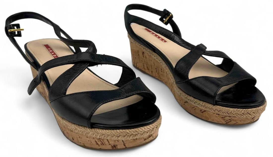 Prada Black Patent Leather & Cork Sandals, Size 39 (1 of 15)